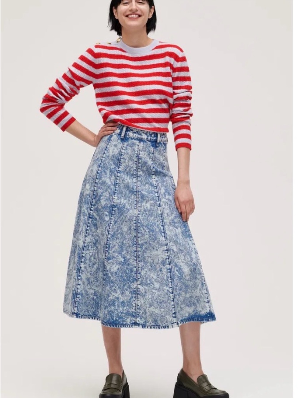 GANNI Rare Bleached Acid Wash High Waist Aline Denim Midi Skirt EUC Size 8